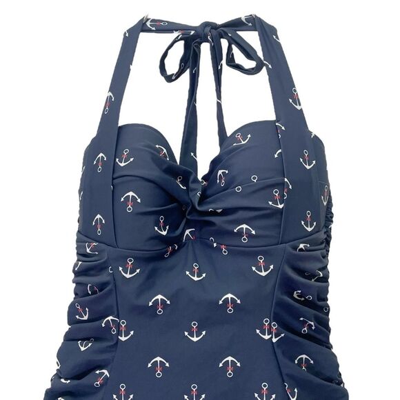 Unique Vintage Anchor Swimsuit Dress Navy Blue Halter One Piece Size Large Retro - Picture 5 of 14